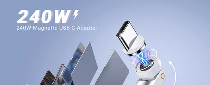 Adaptador Magnético AUFU USB-C Hembra a Tipo C Macho 9 Pines (240W Carga Rápida) Convertidor para iPhone 15/16/Laptop/Macbook/Samsung