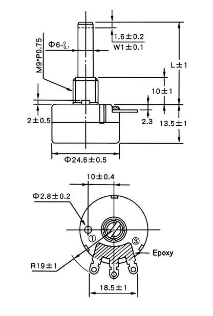 RV24YN20S 1K 2K 5K 10K 20K 50K 100K 200K 250K 500K 200Ω 500Ω 1M Ohm Single Turn Carbon Film Rotary Taper Potentiometer