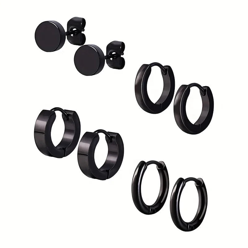 Set 4 Pares Pendientes Hombre (Acero Inoxidable Negro, Tacos y Aros) Duradero, Versátil, Hipoalergénico