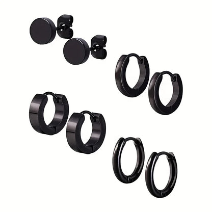 Set 4 Pares Pendientes Hombre (Acero Inoxidable Negro, Tacos y Aros) Duradero, Versátil, Hipoalergénico