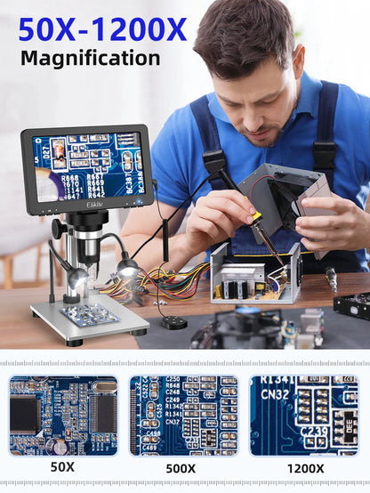 Elikliv EDM9 Pro 1200X HDMI Digital Microscope with 7'' IPS Screen 16MP Coin Soldering Electronic Microscope 32G for Windows Mac