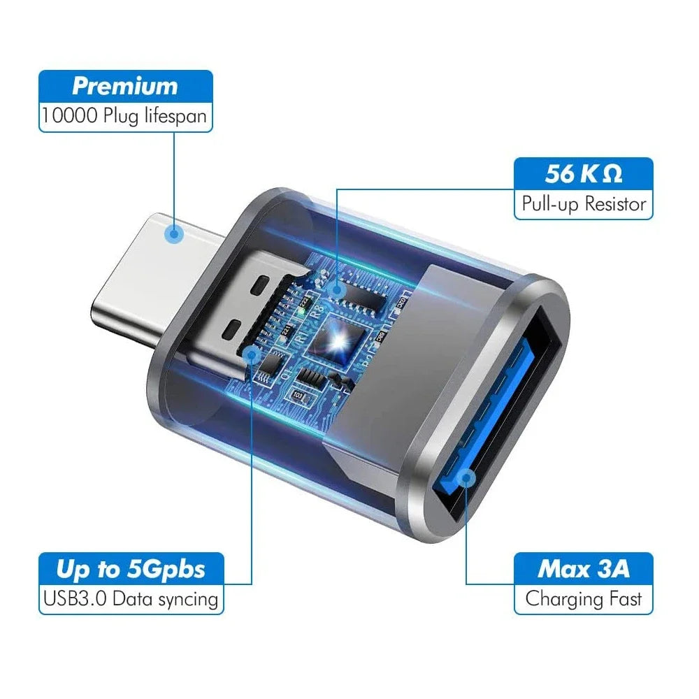 Adaptador Convertidor OTG USB 3.0 Macho a Tipo C Hembra para Cargador/PC/MacBook/Auto/USB iPad (2 Unidades)