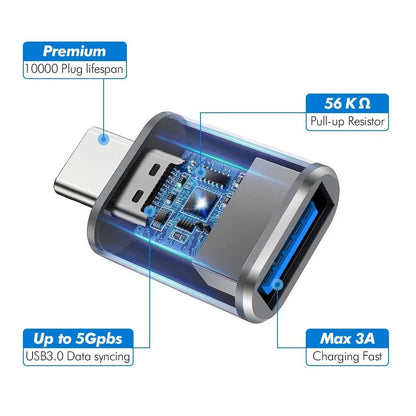 Adaptador Convertidor OTG USB 3.0 Macho a Tipo C Hembra para Cargador/PC/MacBook/Auto/USB iPad (2 Unidades)
