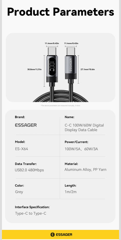 Cable Essager USB-C a Tipo C PD 100W Carga Rápida con Pantalla Digital para iPhone 15/16/Xiaomi/Huawei/Macbook/iPad