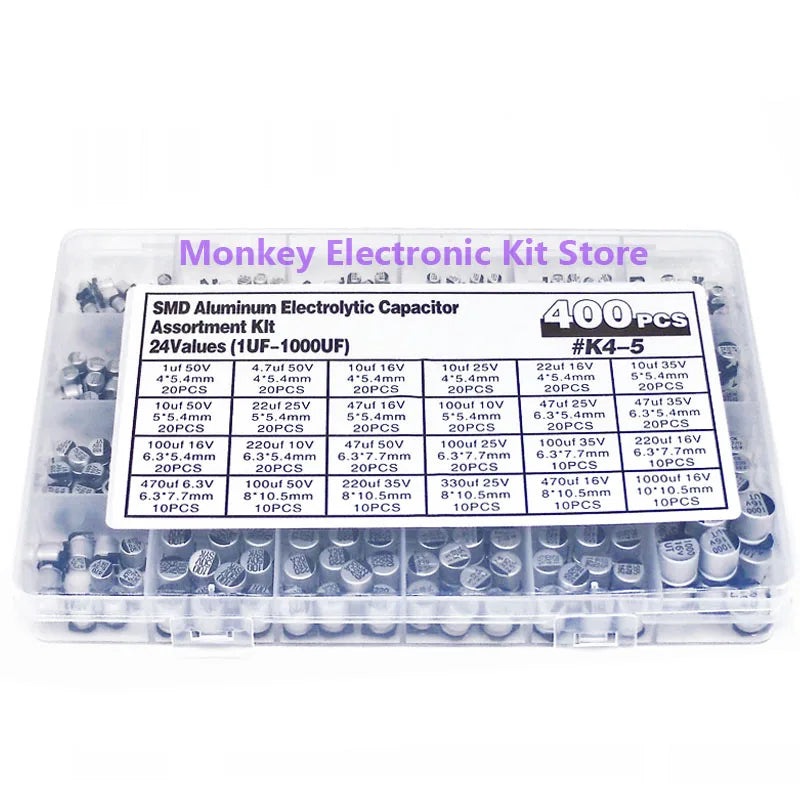 Kit Surtido Capacitores Electrolíticos SMD Aluminio (1uF-1000uF, 6.3V-50V, 24 Valores) con Caja Reparación (400 Piezas)