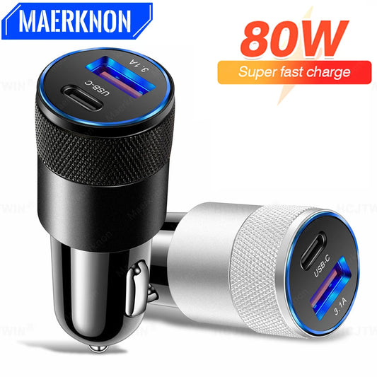 Cargador Auto USB 80W PD Tipo-C Carga Rápida Adaptador para iPhone 14/13/12 Pro/Xiaomi/Huawei/Samsung QC3.0