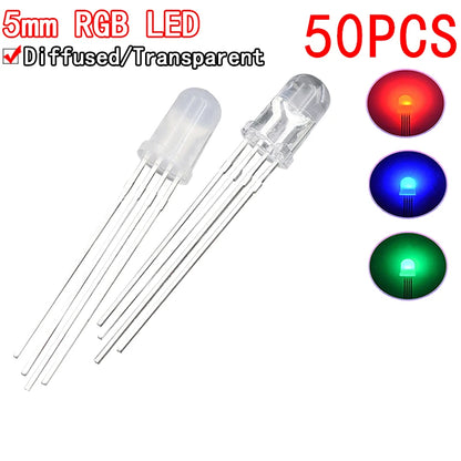 Diodo LED RGB 5mm Full Color Transparente 4 Pines (Cátodo/Ánodo Común) Luz Brillante Colorida (50 Unidades)