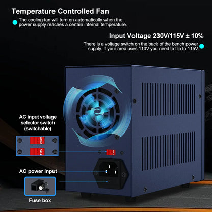 Fuente de Poder Laboratorio WANPTEK DC Ajustable 30V/60V/120V Regulador Voltaje Preajuste V/A (Input 110V/220V)