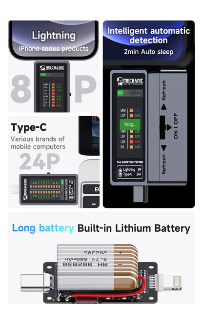 Tester Precisión Inserción Trasera Mechanic T-824 - Corriente y Potencia Digital (Tipo-C/Lightning)