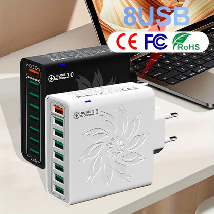 Cargador Rápido USB 8 Puertos QC5.0 120W Adaptador Corriente Enchufe EU/US/KR para iPhone 13/14/15/Xiaomi/Samsung