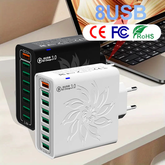 Cargador Rápido USB 8 Puertos QC5.0 120W Adaptador Corriente Enchufe EU/US/KR para iPhone 13/14/15/Xiaomi/Samsung