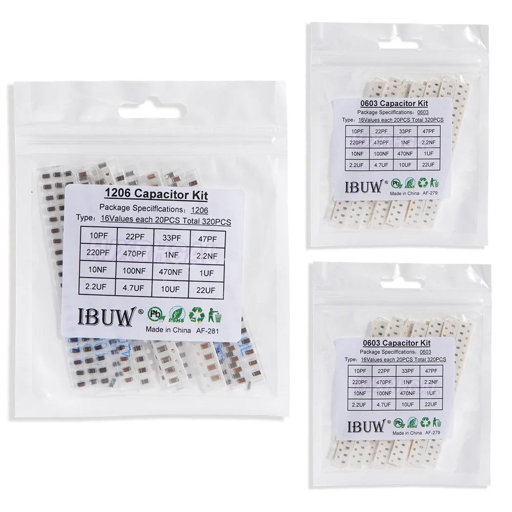 Kit Surtido Capacitores Cerámicos SMD 0603/0805/1206 - 16 Valores x 20 Unidades (Total 320 Piezas)