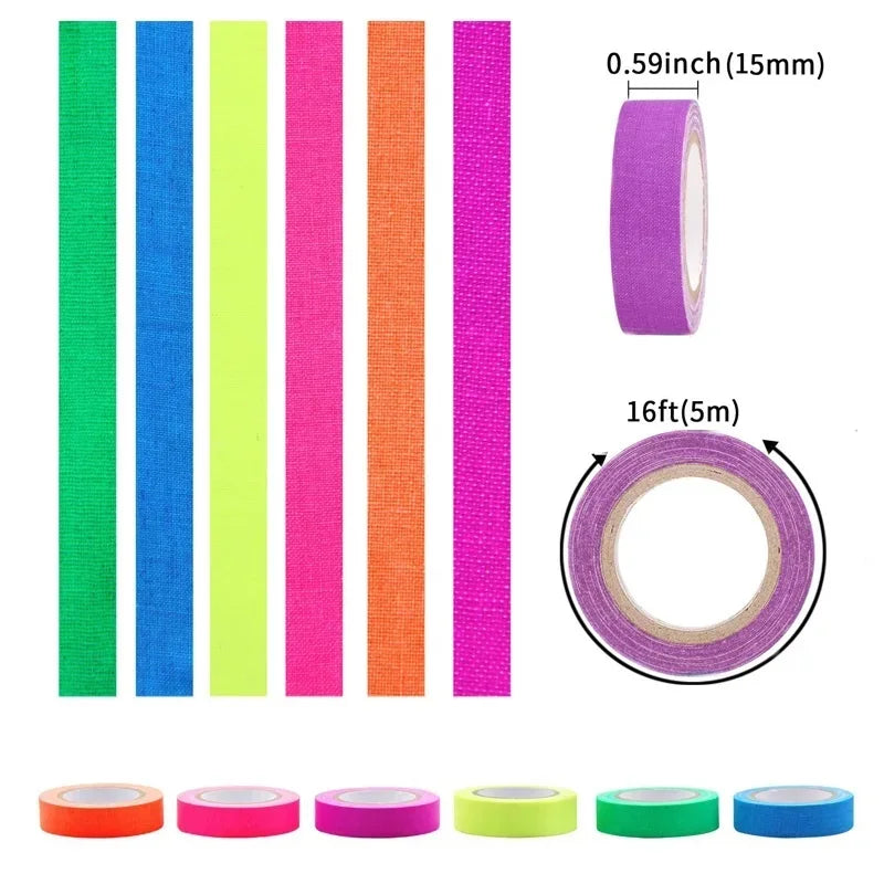 Cinta Tela Neón Fluorescente Gaffer (Brilla Oscuridad UV Blacklight) para Fiesta/Manualidades (Pack 6 Rollos)
