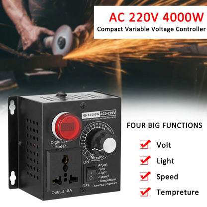 Regulador Voltaje AC 220V 4000W SCR Dimmer Ajustable Velocidad/Temperatura/Luz Compacto