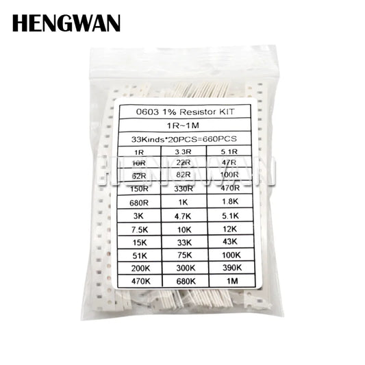 Kit Surtido Resistencias SMD 1% (0201-1206, 33 Valores x 20pcs = 660pcs, 1R-1M Ohm) Set Resistencia