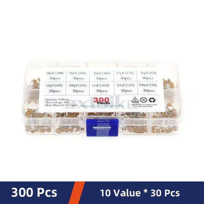 Kit Surtido Capacitores Cerámicos Monolíticos (10pF-10uF, 50V) MLCC - Pack 180/300/480/500 Piezas