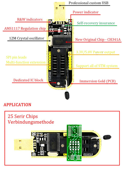 Kit Programador USB CH341A 24/25 Series EEPROM Flash BIOS + Clip Test SOIC8/SOP8 + Adaptador 1.8V + Adaptador SOIC8