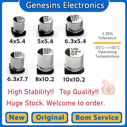 Capacitor Electrolítico Aluminio SMD (4.7uF-470uF, 10V-100V, Varios Tamaños) - Pack 100 Unidades (Valores Surtidos)