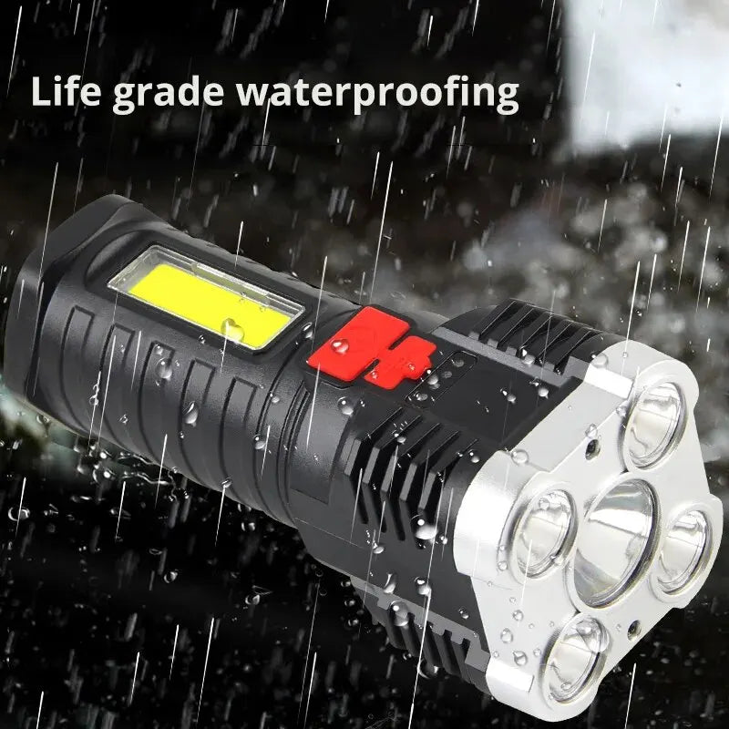 Linterna LED Alta Potencia (5 LEDs) Recargable Foco Camping con Luz Lateral (3 Modos) para Aventura Exterior