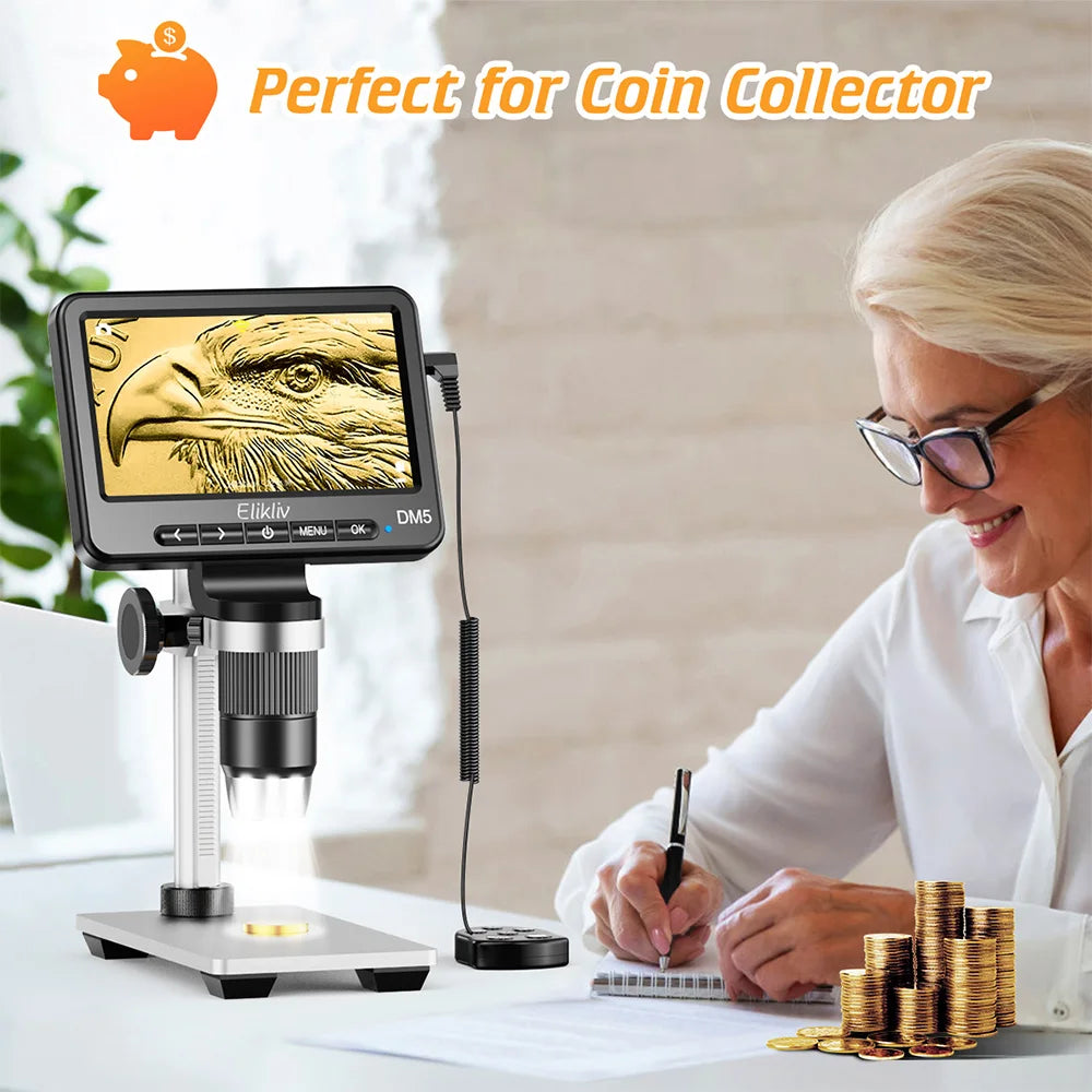 Elikliv DM5 5'' 1000X Wireless Digital Microscope for Electronics 1080P Soldering Coin Microscope For iPhone Android iPad PC 32G