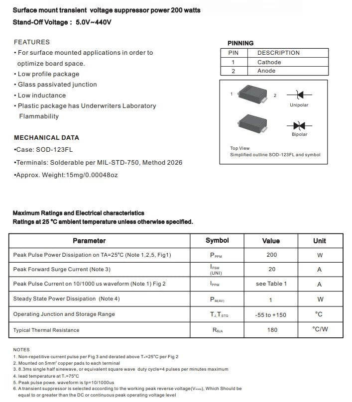 Diodo TVS Bidireccional SMD SMF - Varios Voltajes (5.0CA a 12CA) SOD-123F - Lote 50 Piezas