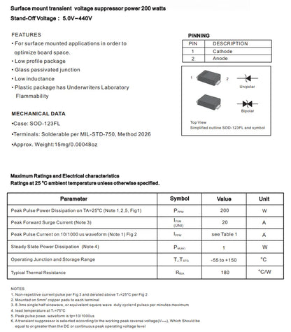 Diodo TVS Bidireccional SMD SMF - Varios Voltajes (5.0CA a 12CA) SOD-123F - Lote 50 Piezas
