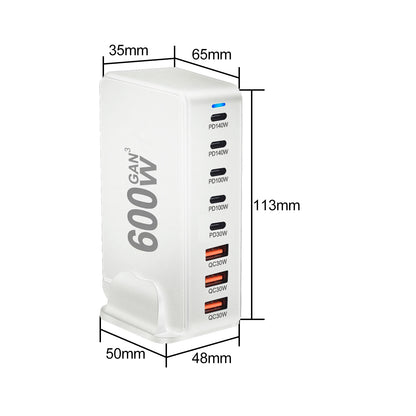 Cargador GaN Rápido 600W 8 Puertos (5 USB-C PD + 3 USB-A QC 3.0?) Portátil para Móvil/Tablet