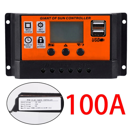 Controlador Carga Solar PWM 30A/60A/100A Auto Dual USB LCD Display 5V Regulador Batería Panel