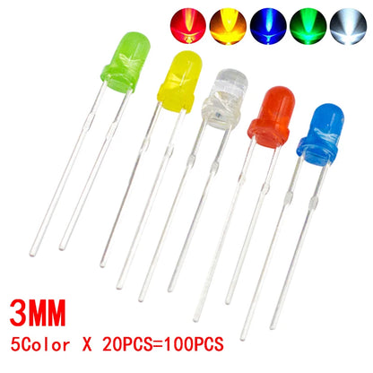 Kit Surtido Diodos LED 3mm/5mm (Blanco/Amarillo/Rojo/Verde/Azul) para DIY Electrónico (100 Piezas)