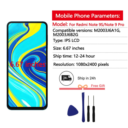 6.67"Tested Display For Xiaomi Redmi Note 9S LCD Display Touch Screen Digitizer For Redmi Note 9 Pro LCD Display Replacement