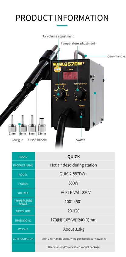 QUICK 857DW+ Intelligent Dual Eddy Current Hot Air Desoldering Station for SMD PCB BGA Welding Repair Desoldering Station Tools
