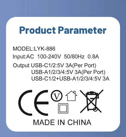 Cargador Pared Rápido USB-C 65W (6 Puertos) para iPhone 14/15 Pro Max, Samsung S23, Xiaomi 14