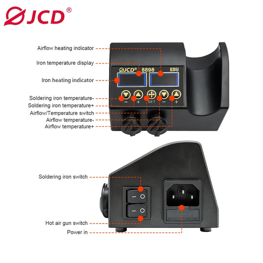 Estación de Soldadura 2 en 1 (Cautín + Pistola Aire Caliente) 750W para Reparación BGA/SMD (Modelo JCD 8898)