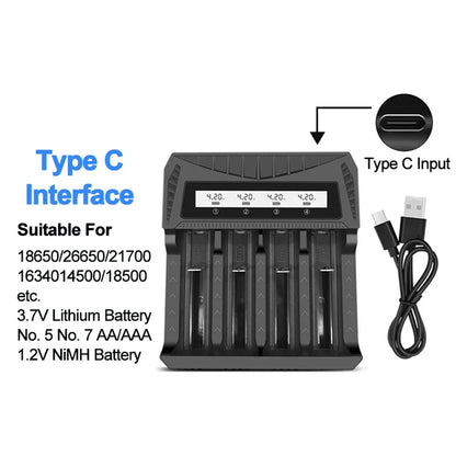 Cargador USB Inteligente Baterías LCD (1/2/4 Ranuras) para Litio Recargable 18650 (4.2V) / Ni-MH AA/AAA (1.2V)