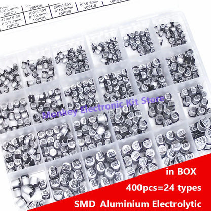 Kit Surtido Capacitor Electrolítico Aluminio SMD (1uF-1000uF, 6.3V-50V, 24 Valores) con Caja - Pack 400 Piezas