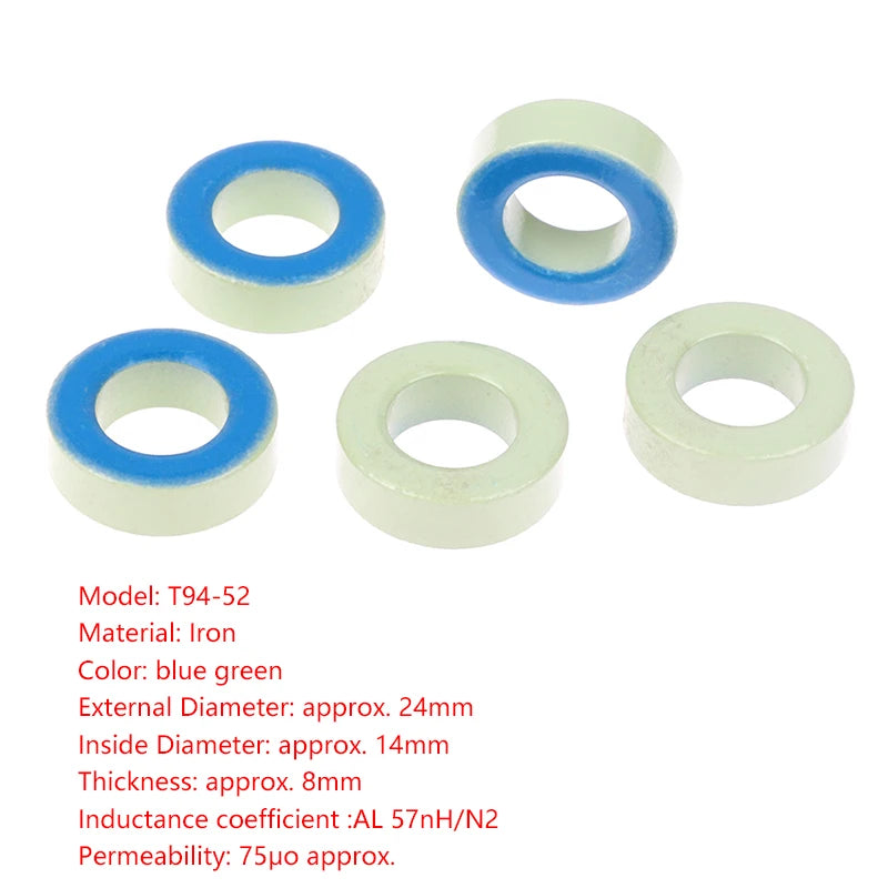 Núcleo Ferrita Toroide T94-52 (Azul/Verde) 24x14x8mm para Inductores - Lote 5 Piezas