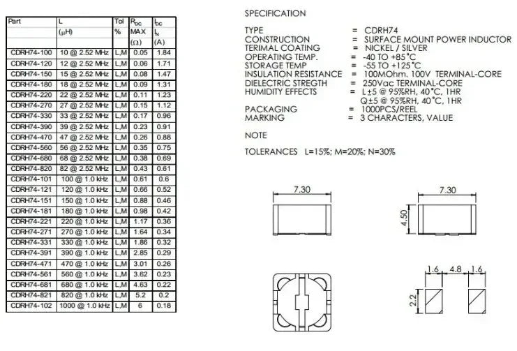 Inductor de Potencia SMD CD74R 7.7x4mm - Varios Valores (2.2uH a 470uH) - Lote 20 Piezas