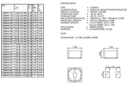 Inductor de Potencia SMD CD74R 7.7x4mm - Varios Valores (2.2uH a 470uH) - Lote 20 Piezas