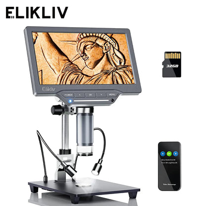 Elikliv 1200X Soldering Microscope for Electronics Repair 7" Digital Microscope with 10" Stand 2MP Coin Magnifier with 10 LEDs