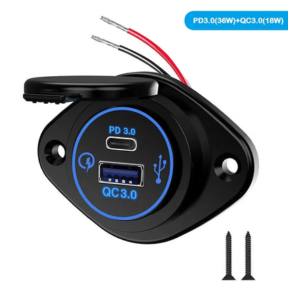 Panel Salida USB RV 12V PD 36W (USB-C) + QC3.0 18W (USB-A) Socket Cargador Auto Carga Rápida