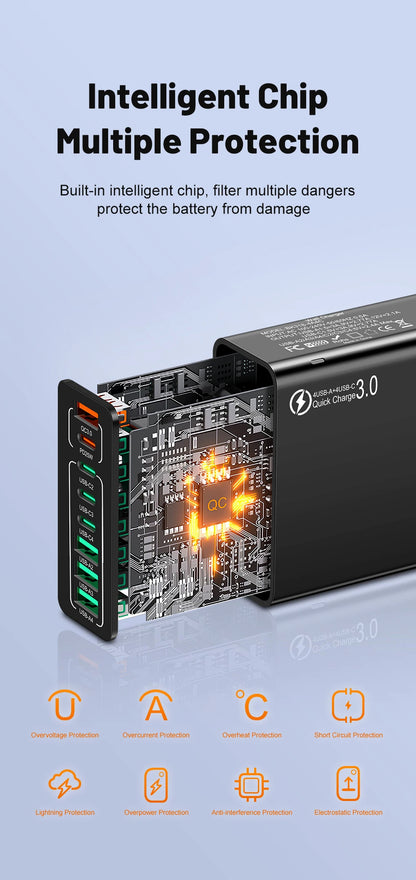Cargador Pared USB 8 Puertos (Total 65W) Carga Rápida (PD Tipo C, QC 3.0) Adaptador para iPhone 14/15 Pro Max/Xiaomi/Samsung