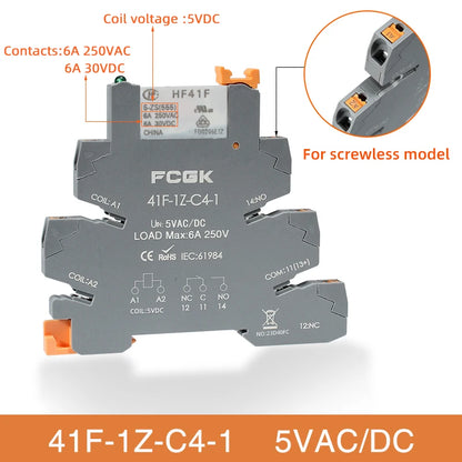 Módulo Relé Delgado DIN Rail 41F-1Z-C4-1 PCB con Socket Holder 12V/24V AC/DC / 220V AC 6.2mm