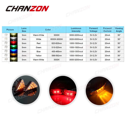 100pcs 5mm LED Piranha Light Emitting Diode Lamp Warm White Red Green Blue Yellow Bright Color 3V Indicator DIY DIP PCB Circuit