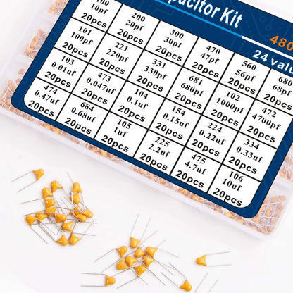 Kit Surtido Capacitores Cerámicos 24 Valores (0.1uF-10uF) para Guitarra (480 Unidades)