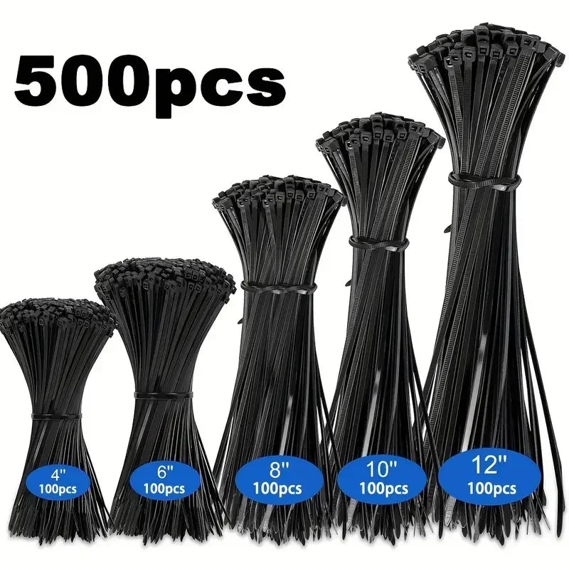 Amarras Plásticas Nylon Negras Alta Resistencia (Tamaños 4"/6"/8"/10"/12") Usos Versátiles (500 Piezas)