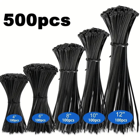 Amarras Plásticas Nylon Negras Alta Resistencia (Tamaños 4"/6"/8"/10"/12") Usos Versátiles (500 Piezas)