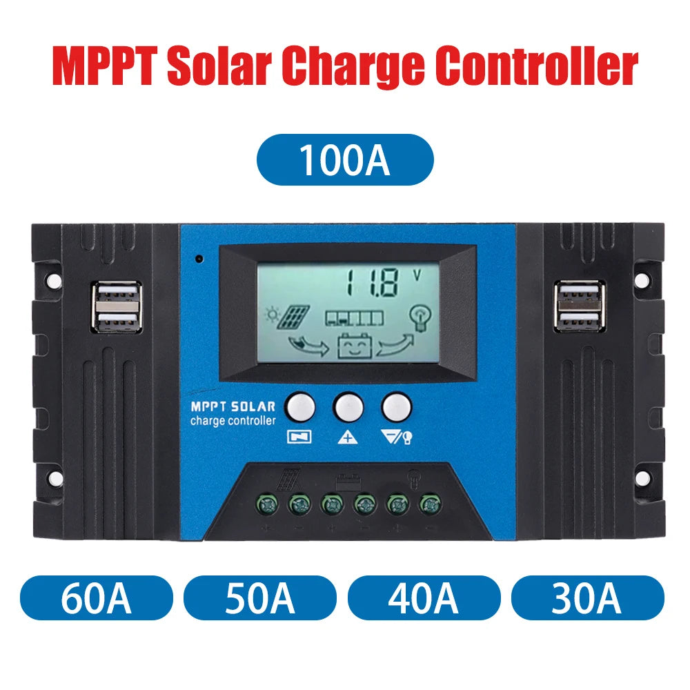 Controlador Carga Solar PWM 30A/60A/100A Auto Dual USB LCD Display 5V Regulador Batería Panel