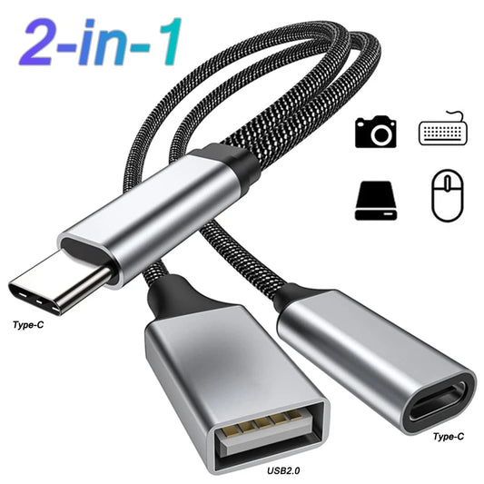 Adaptador OTG 2-en-1 USB-C a USB con Puerto Carga PD para Samsung/Huawei/Xiaomi/Laptop/Tablet