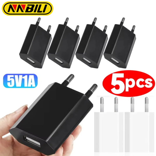 Cargador Pared USB NNBILI Universal 5V 1A (Enchufe EU) Adaptador Corriente para iPhone/iPad/Samsung/Xiaomi/Redmi/Huawei/Google (1/5 Unidades)