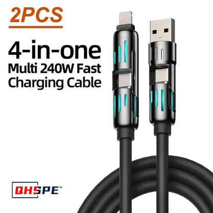 Cable Carga USB Multifunción 4 en 1 MFISH (USB/Tipo C/Lightning, Max 240W) Carga Rápida y Sincronización Datos para iPhone 15/16/iPad